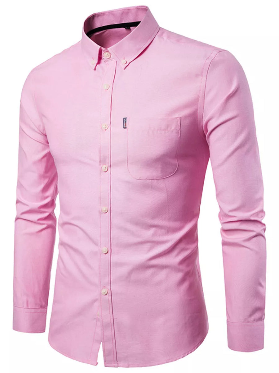 Men's pink cotton button-down shirt with pocket and buttoned collar.