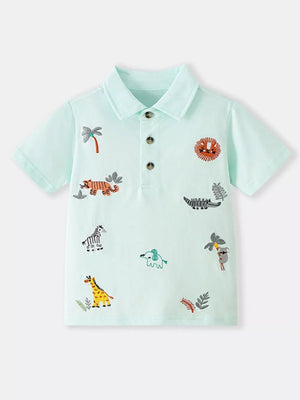 Light blue short sleeve polo shirt for kids with embroidered animals and palm trees.