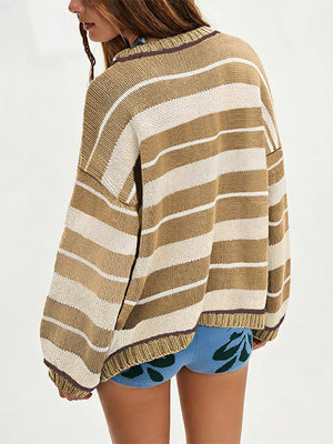 brown pullover sweater with ribbed hem and long sleeve