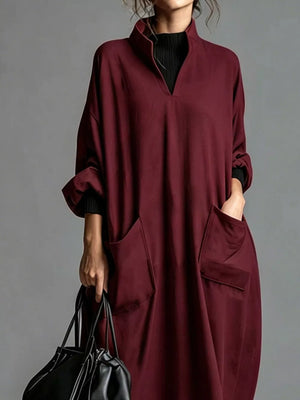 Burgundy oversized midi dress with mock neck