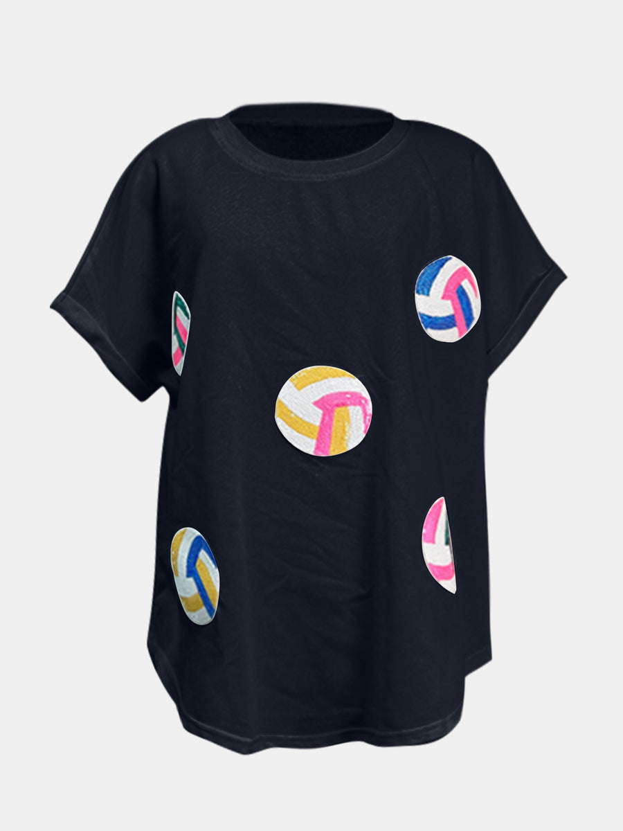 Black t-shirt with colorful sequin volleyball graphics and short sleeves.