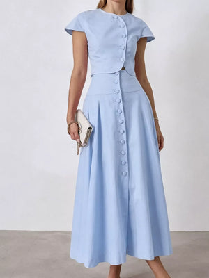Light Purple fitted top with A-line skirt skirt set with round neck