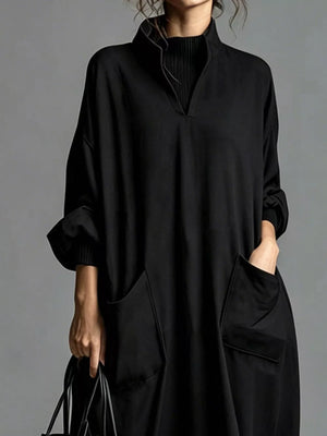 minimalist midi dress in dark brown with mock neck