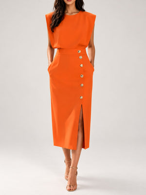 Apricot midi dress with decorative button and sleeveless
