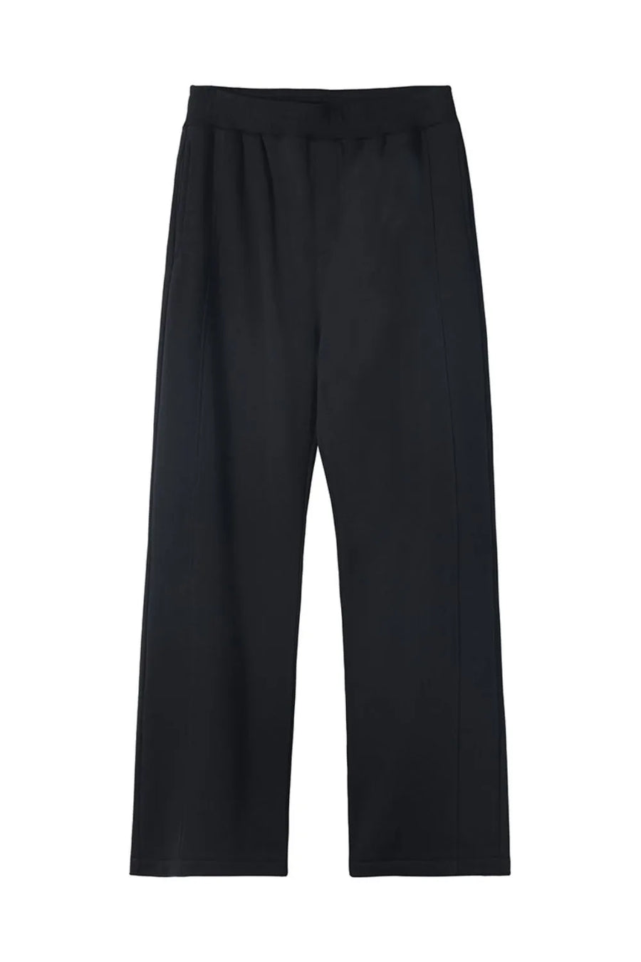 Black seamed lounge trousers with a wide leg and elastic waistband.