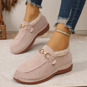 Round Toe Chain Detail Winter Slip-Ons in cream with round toe
