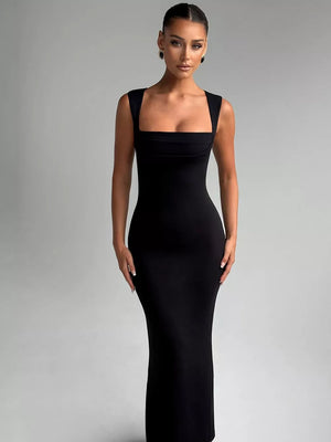 Black bodycon maxi dress with square neckline and wide straps