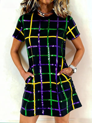 Multicolor Full Size Plaid Short Sleeve Mini Dress