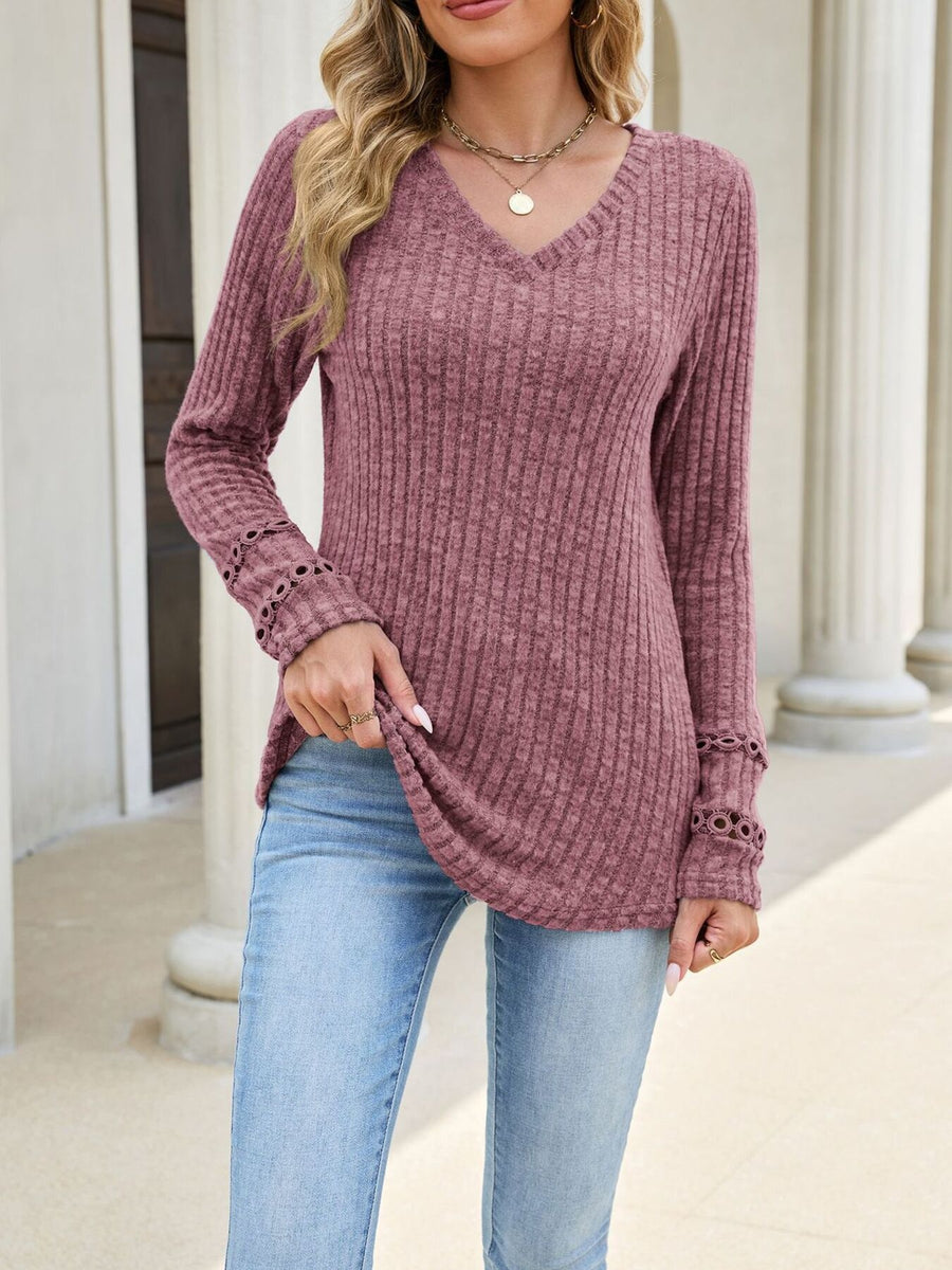 Apricot v-neck sweater with pullover and striped