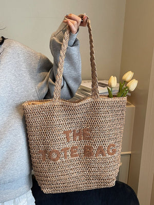 Khaki Straw Woven Shoulder Bag in tan with woven texture