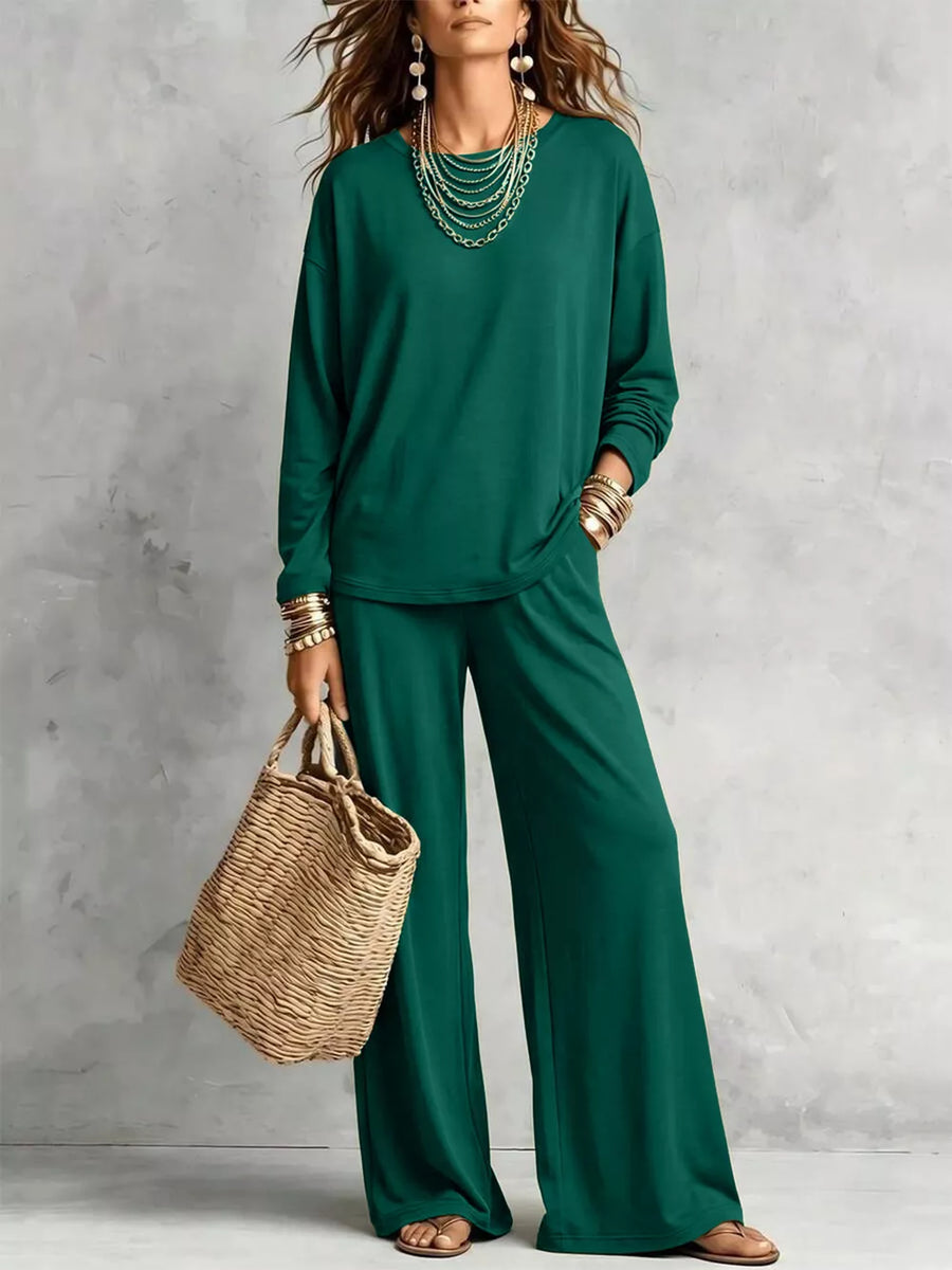 two-piece set in Army Green with pocketed and hip-length top, full-length pants