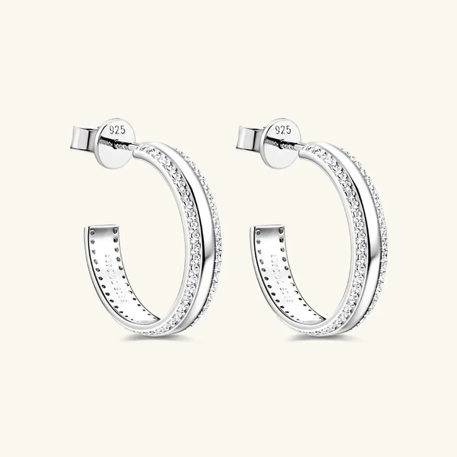 Silver pavé moissanite C-hoop earrings in sterling silver with 925 stamp