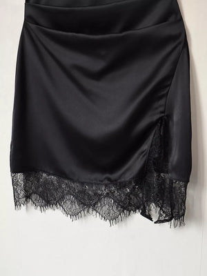 Satin Mock Neck Sleeveless Mini Dress in black