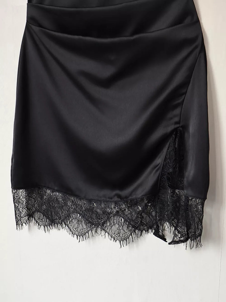 Satin Mock Neck Sleeveless Mini Dress in black