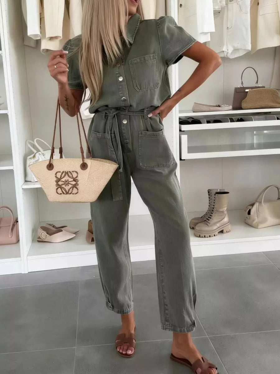 Vintage Wash Short Sleeve Denim Jumpsuit in Milky White with buttoned