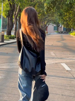 Large black pu leather crossbody bag with adjustable strap