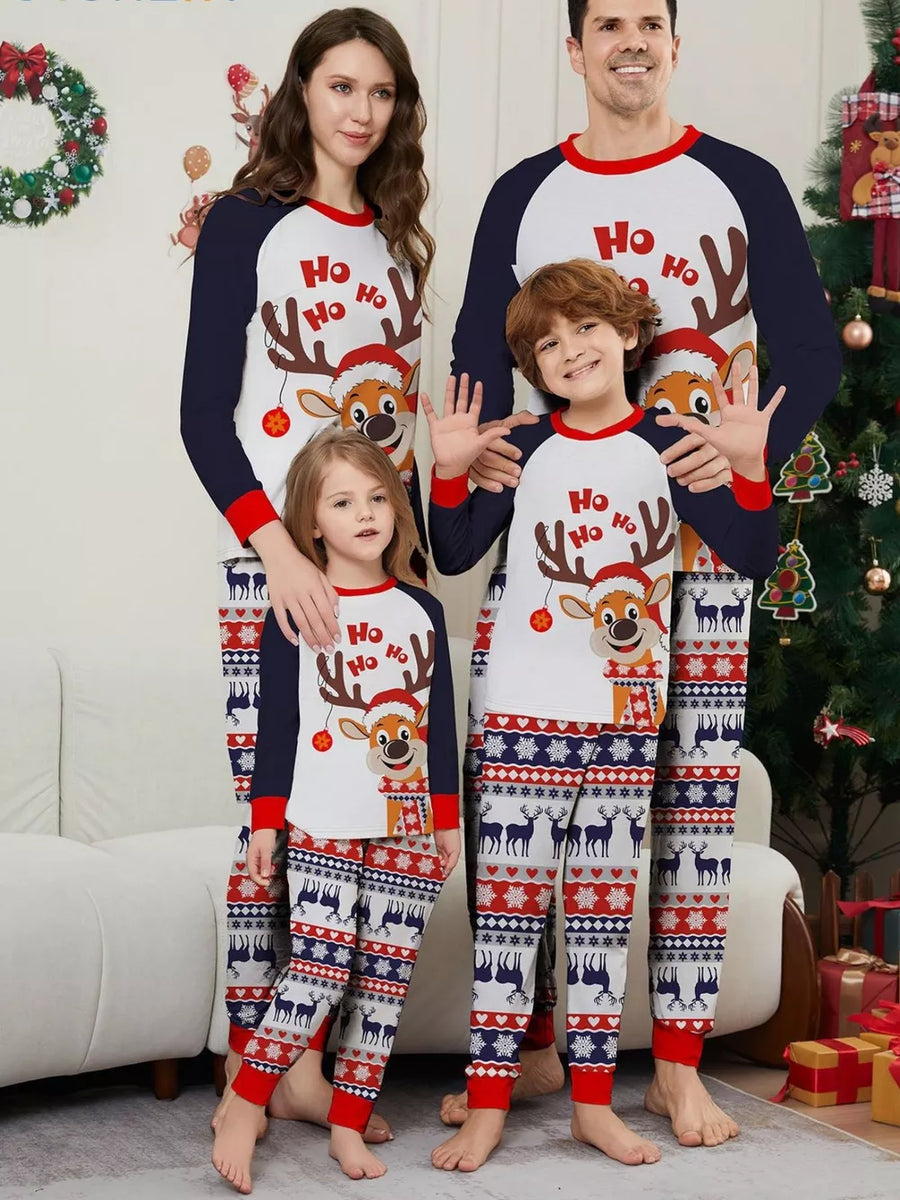 white pajama set with graphic-print and crew neck