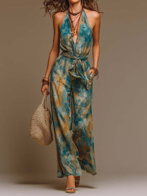 teal jumpsuit with tie-dye and halter