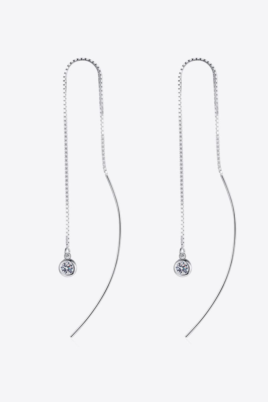 Cascading moissanite threader earrings in silver sterling silver with a single cubic zirconia drop.