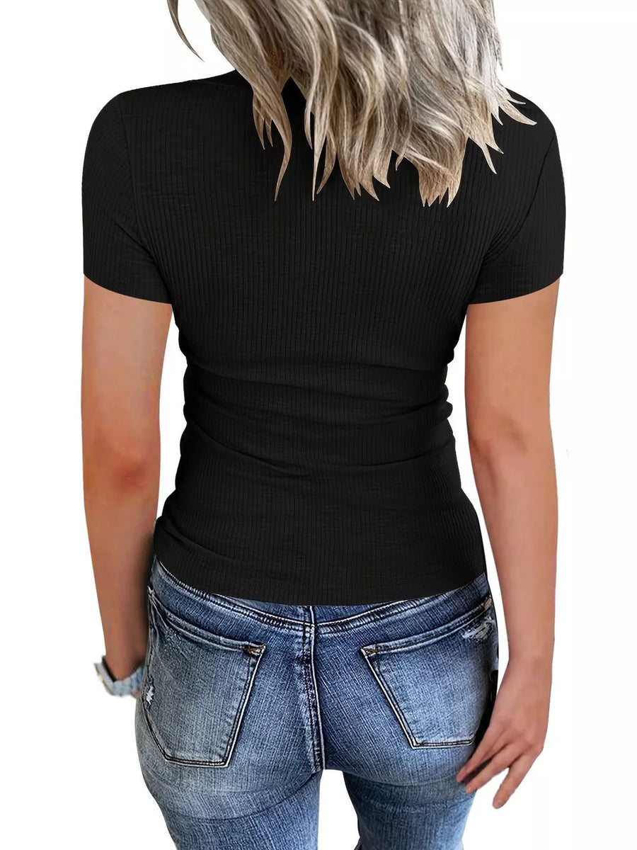 Light Blue Ribbed Knit T-shirt With Button Detail