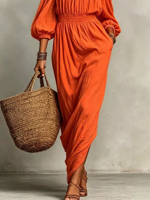 Off-shoulder Smocked Waist Maxi Dress in White with pocketed