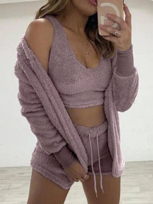 Fuzzy Tank, Cardigan & Shorts Three-piece Set in Apricot with ribbed