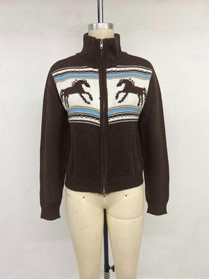 light blue zip-up sweater with zip-front and horse motif