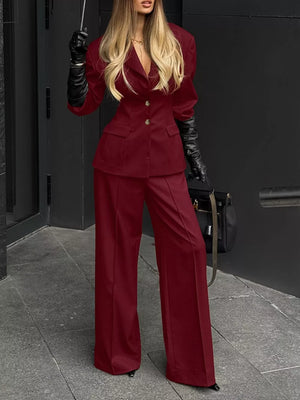Lapel Collar Blazer And Wide-leg Pants Set in Wine Red