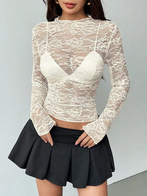 Sheer Lace Long Sleeve Top in Apricot