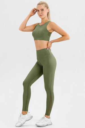 Matcha green high-waist performance leggings with mesh panel detail