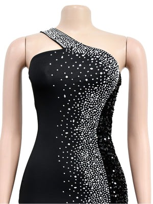 formal gown in Red with rhinestone embellishment and maxi