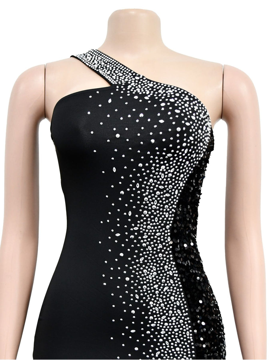 formal gown in Red with rhinestone embellishment and maxi