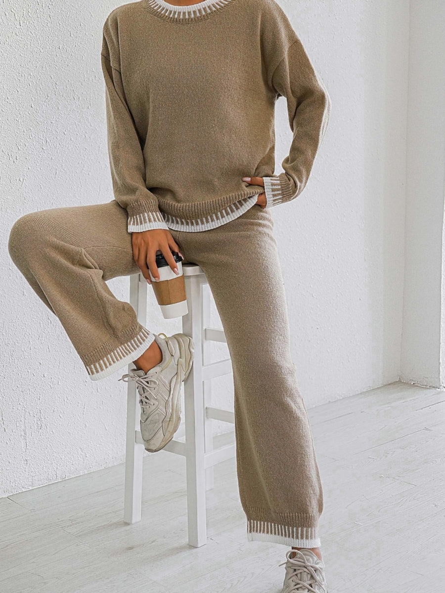 100% polyester Care instructions: Machine wash cold sweater and pants set in Taupe with relaxed silhouette