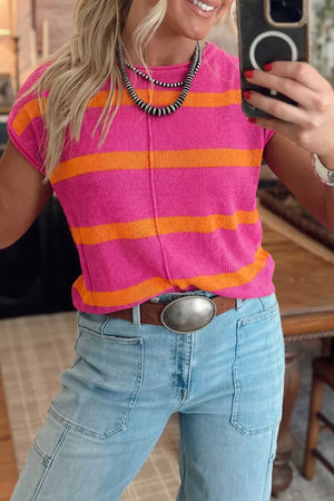 hot pink pullover sweater with striped and crew neck