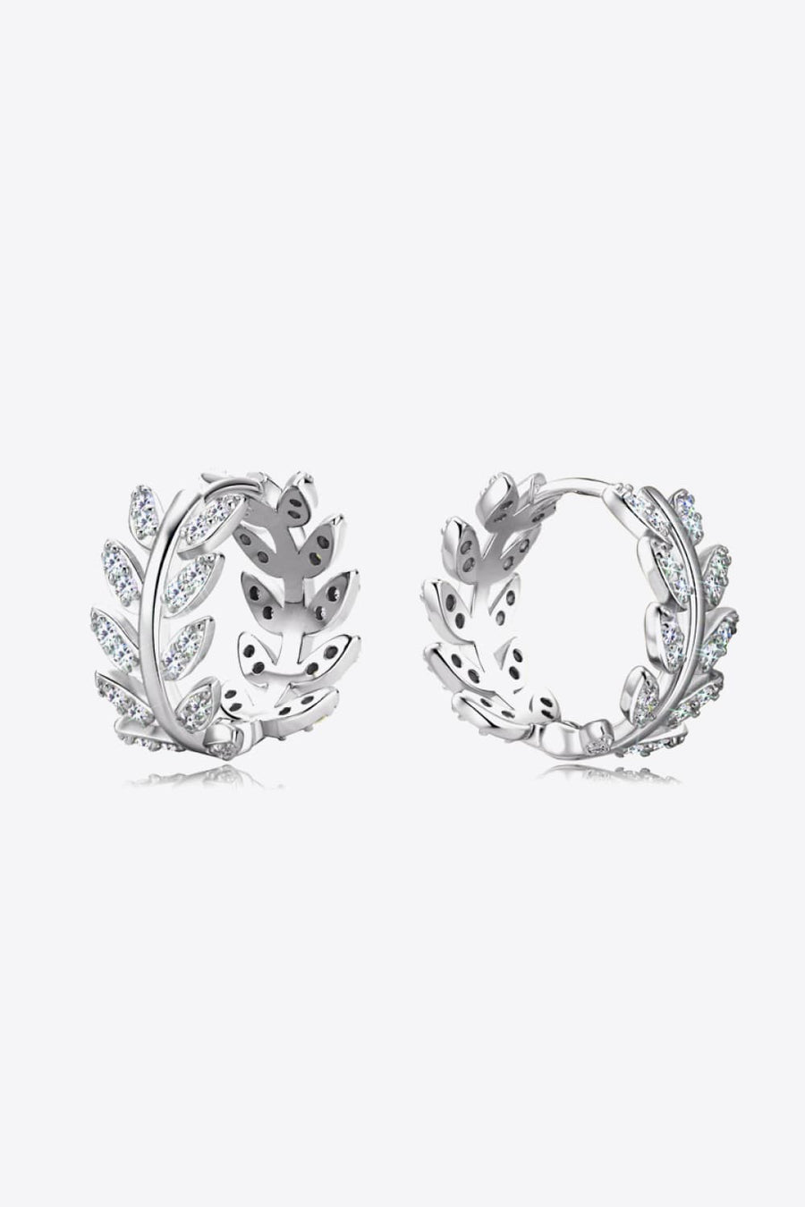 Silver leaf pavé hoop earrings with cubic zirconia on 925 sterling silver