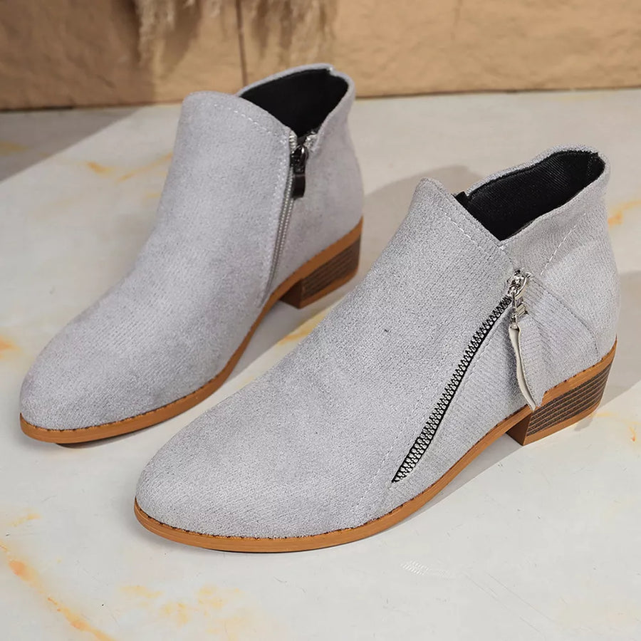 Point Toe Block Heels Boots in Beige with point toe