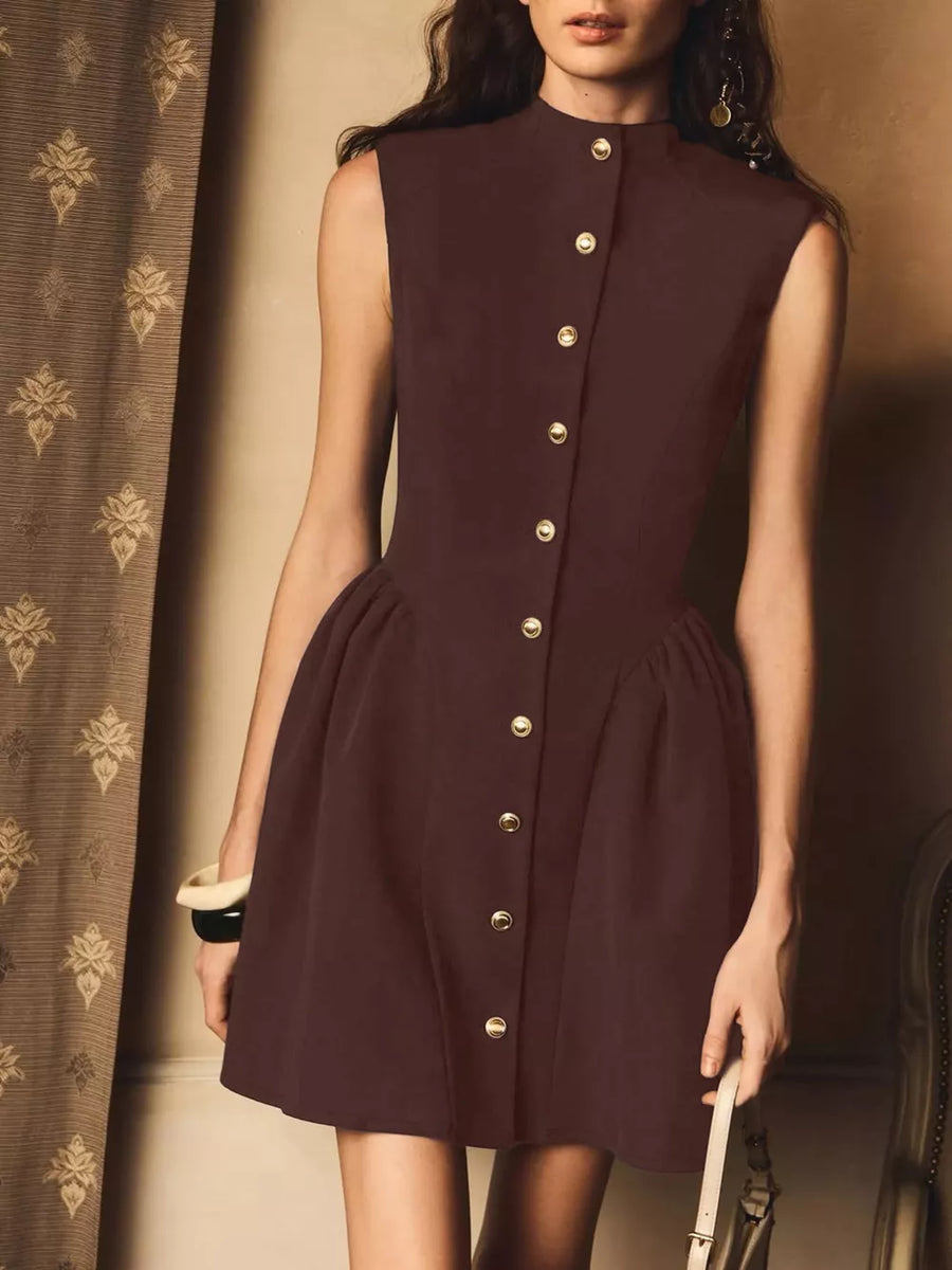 95% polyester, 5% spandex Care instructions: Machine wash cold mini dress in Brown with A-line silhouette