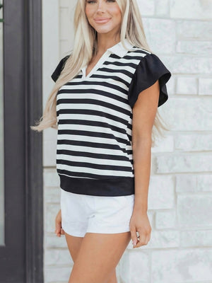 Black and white striped cotton blouse with ruffled sleeves and a collar