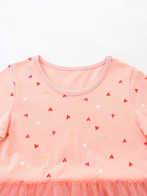 Baby girls' pink cotton dress with allover heart print and tulle hem.