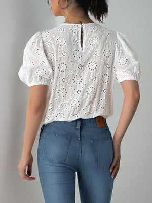 White Floral Eyelet Puff Sleeve Bodysuit
