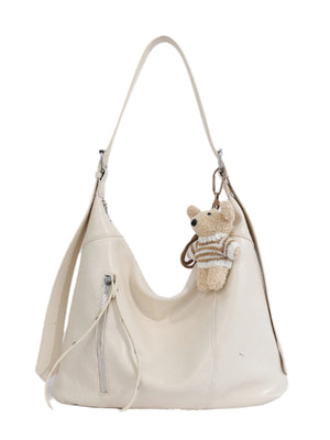 Beige PU Leather Shoulder Bag in ivory with adjustable strap