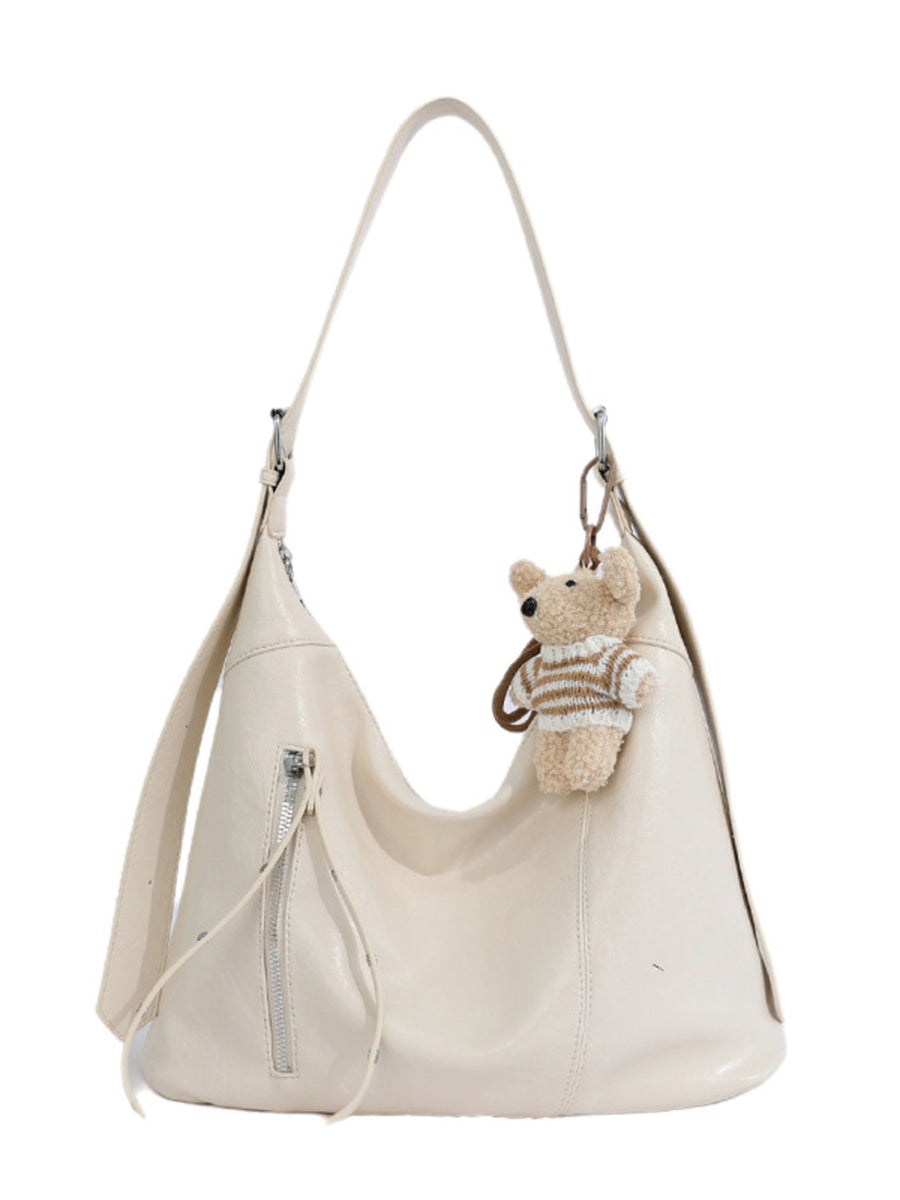 Beige PU Leather Shoulder Bag in ivory with adjustable strap