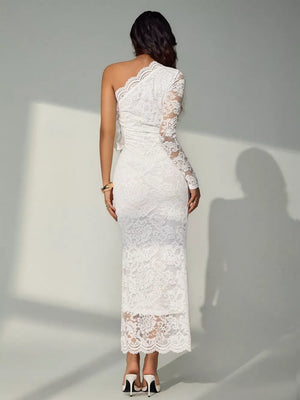 90% polyamide, 10% elastane Care instructions: Machine wash cold midi dress in white with fitted silhouette