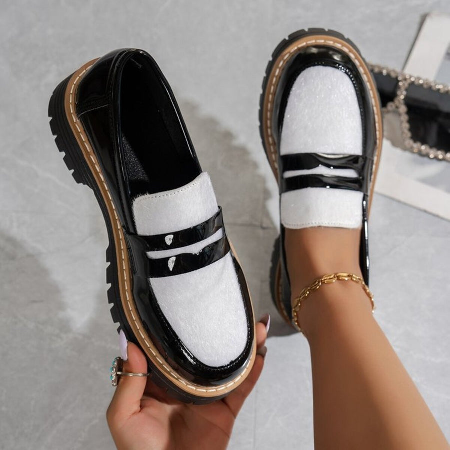 Leather Round Toe Platform Loafers in white with round toe