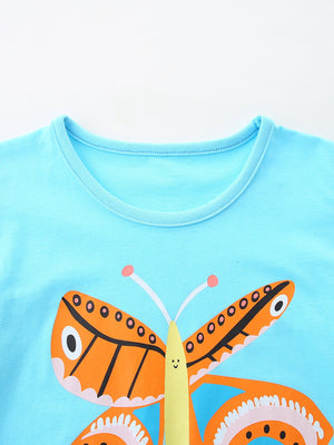 Light blue cotton t-shirt with a charming orange butterfly graphic and round neckline.