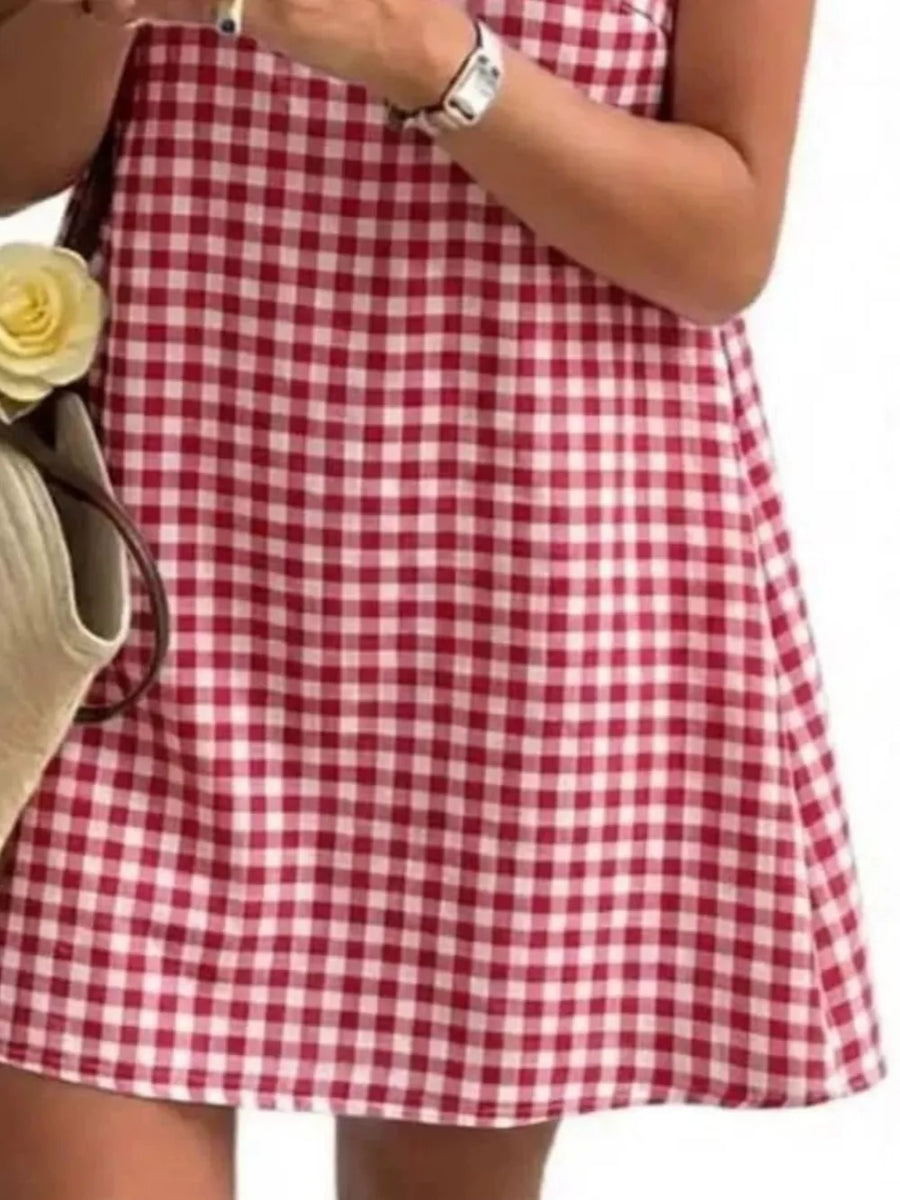 white mini dress featuring slightly stretchy and gingham