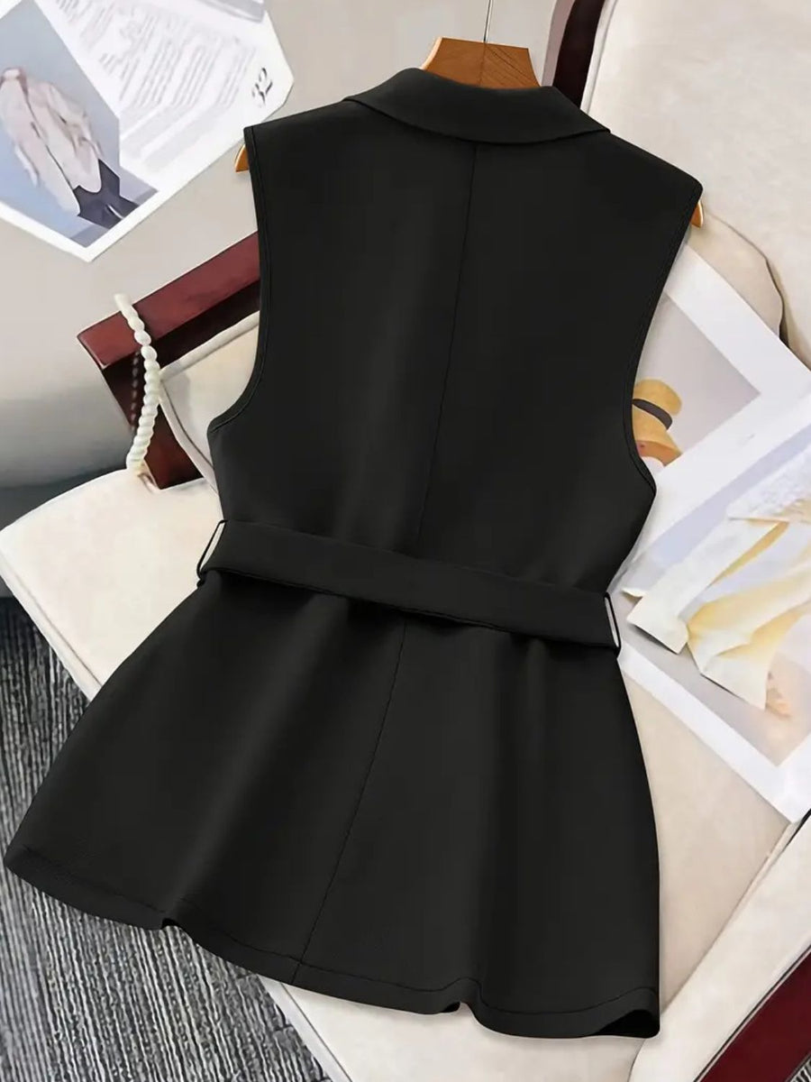 Black belted sleeveless blazer with a peplum hem