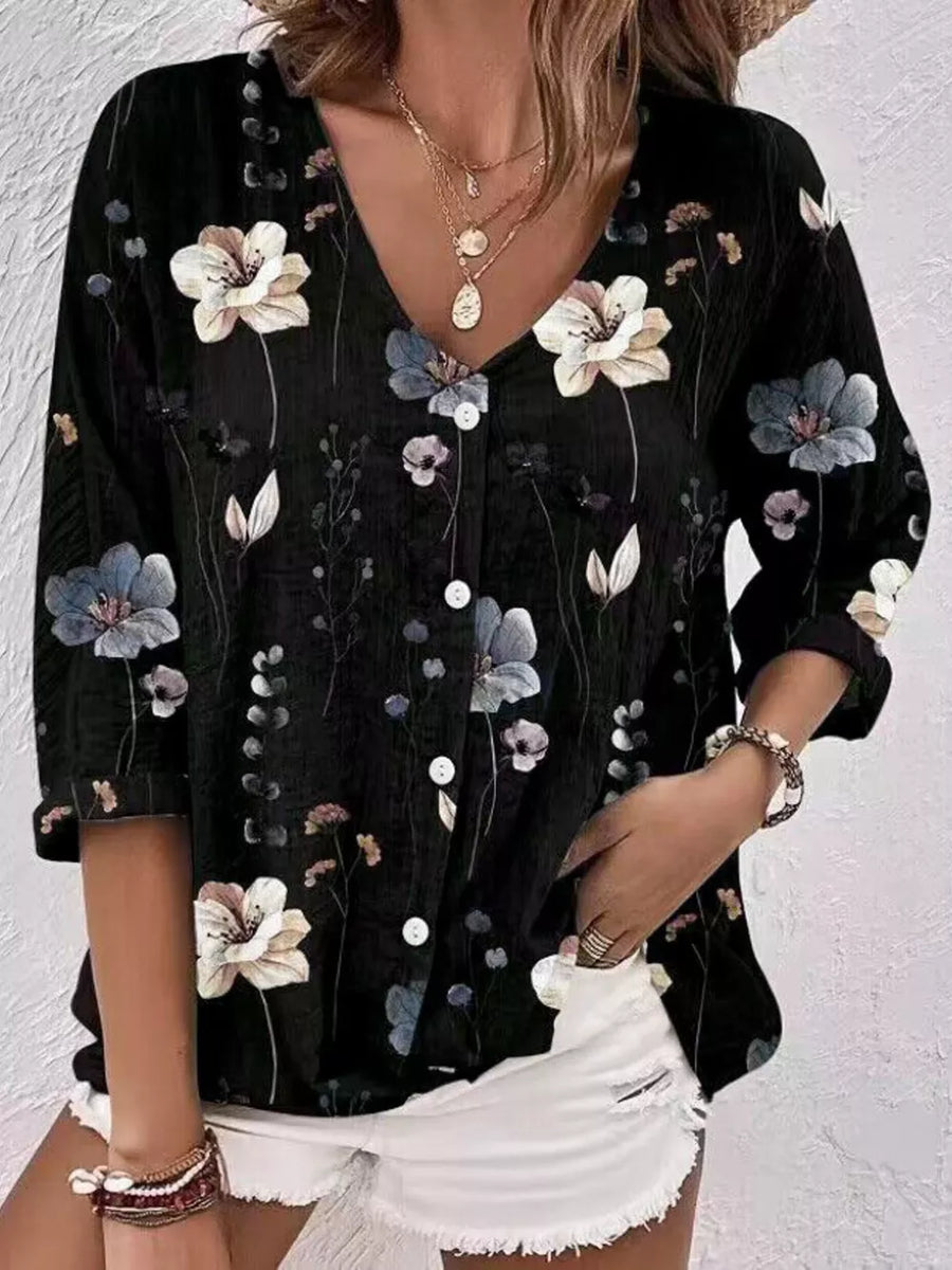 button-down shirt in dusty blue with button-front and hip-length