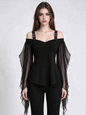 Polyester and spandex Care instructions: Hand wash cold peplum top in Black with fitted silhouette