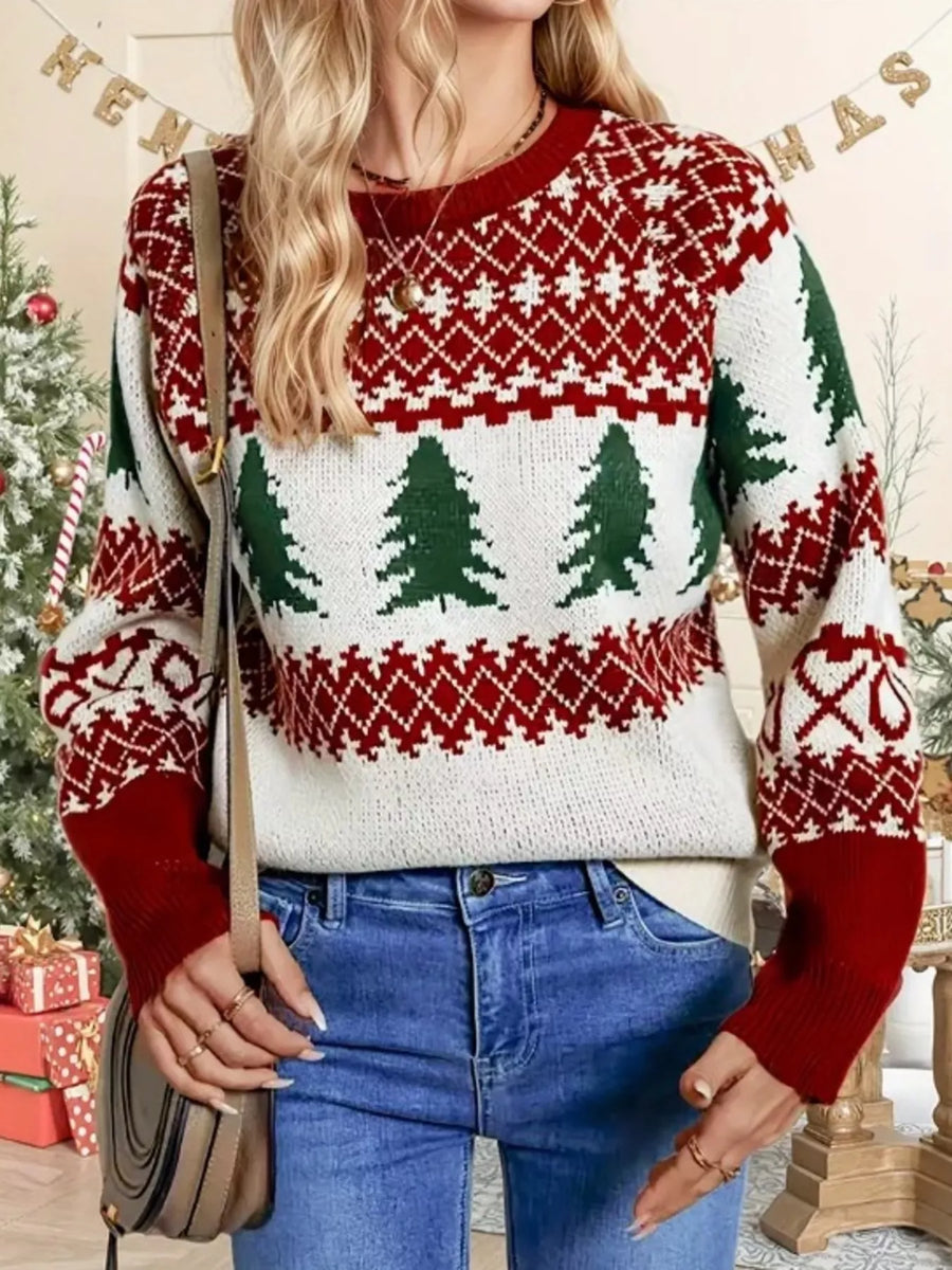 Red ribbed Christmas tree sweater with fair isle pattern and crew neck.